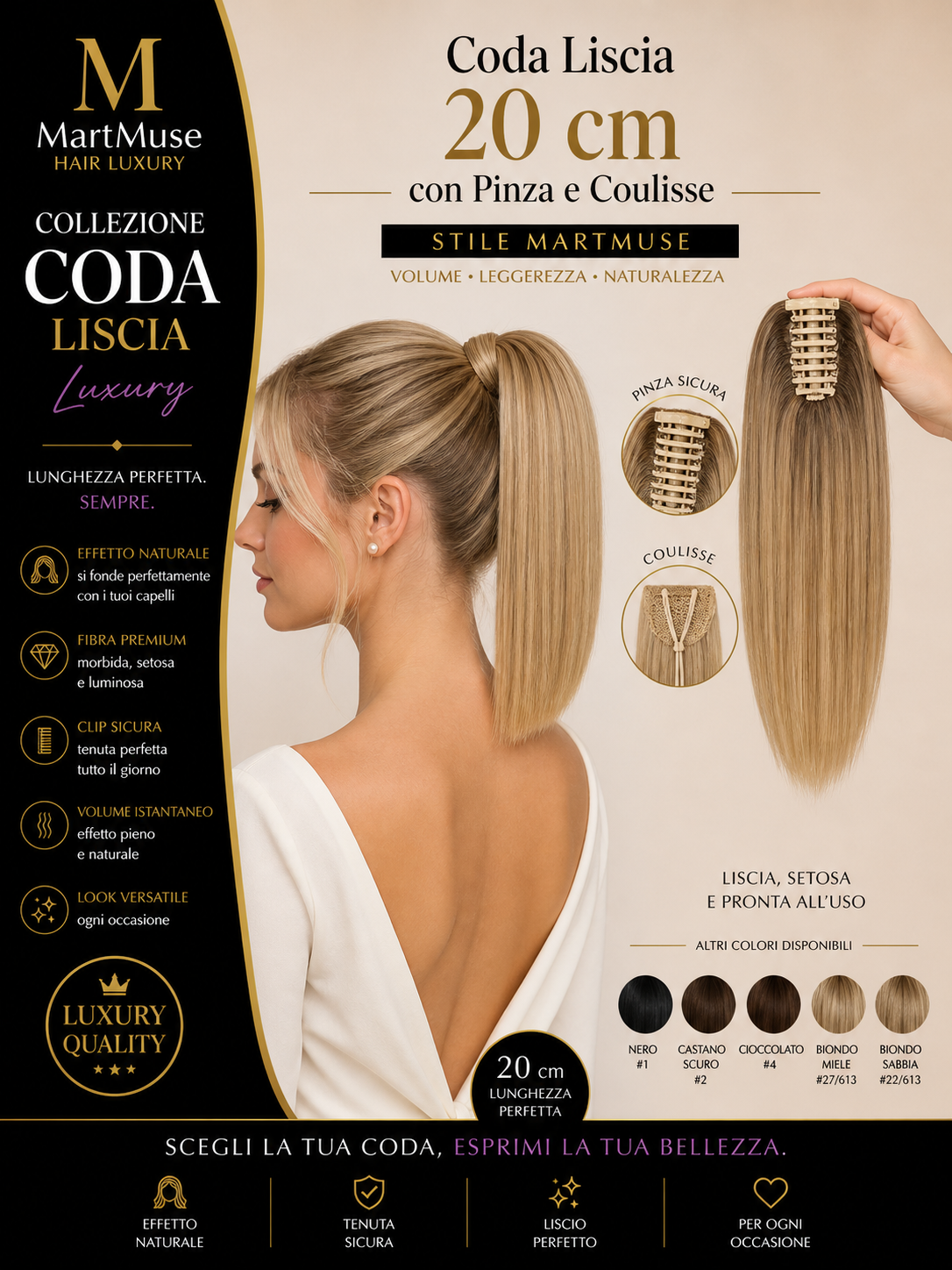 Coda Liscia 20 cm con Pinza e Coulisse